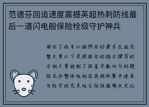 范德芬回追速度震撼英超热刺防线最后一道闪电般保险栓级守护神兵